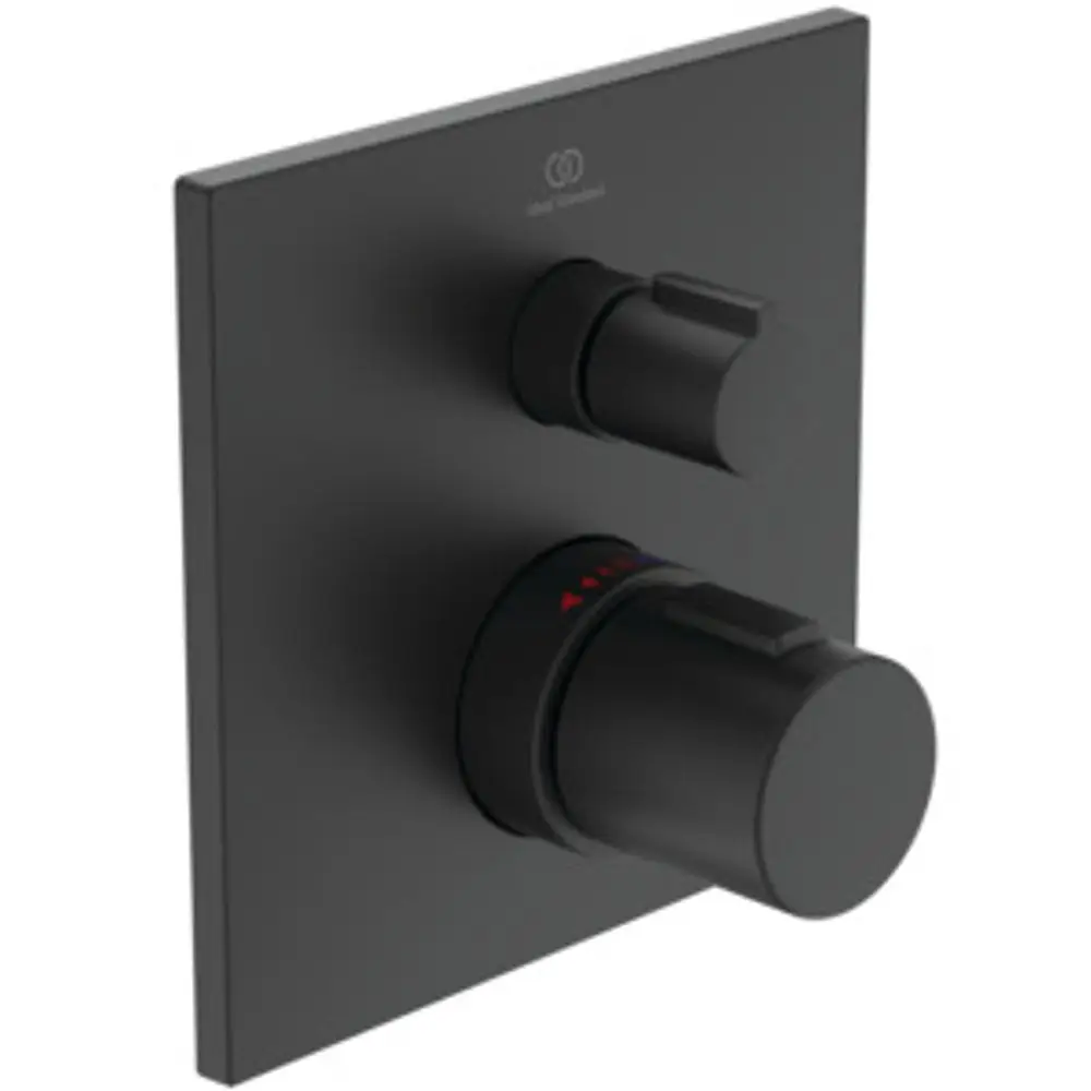 Schwarzes Einzelthermostat von Ideal Standard mit zwei Drehreglern auf einer quadratischen Platte. Hinweisleuchten für Temperaturanpassungen sind sichtbar.
